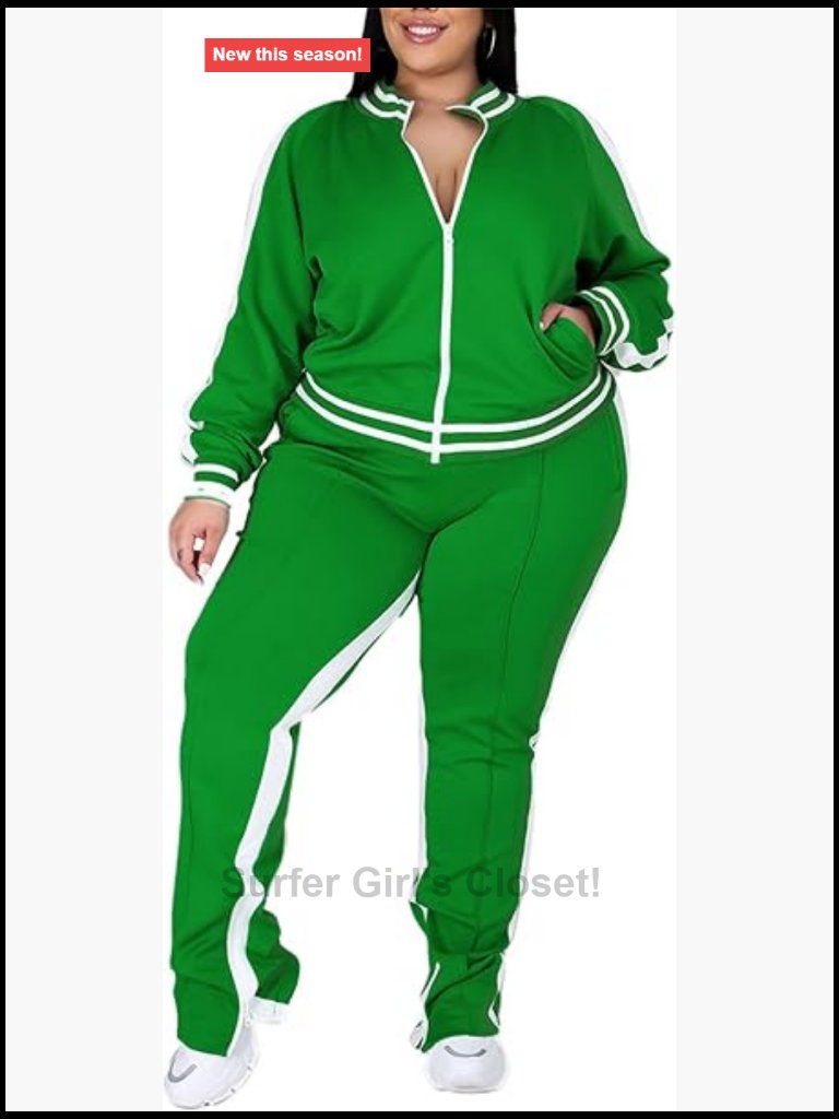 Plus Size 2 Piece Tracksuit Jogger Set With Stripes Zip Up Jacket And Pockets
